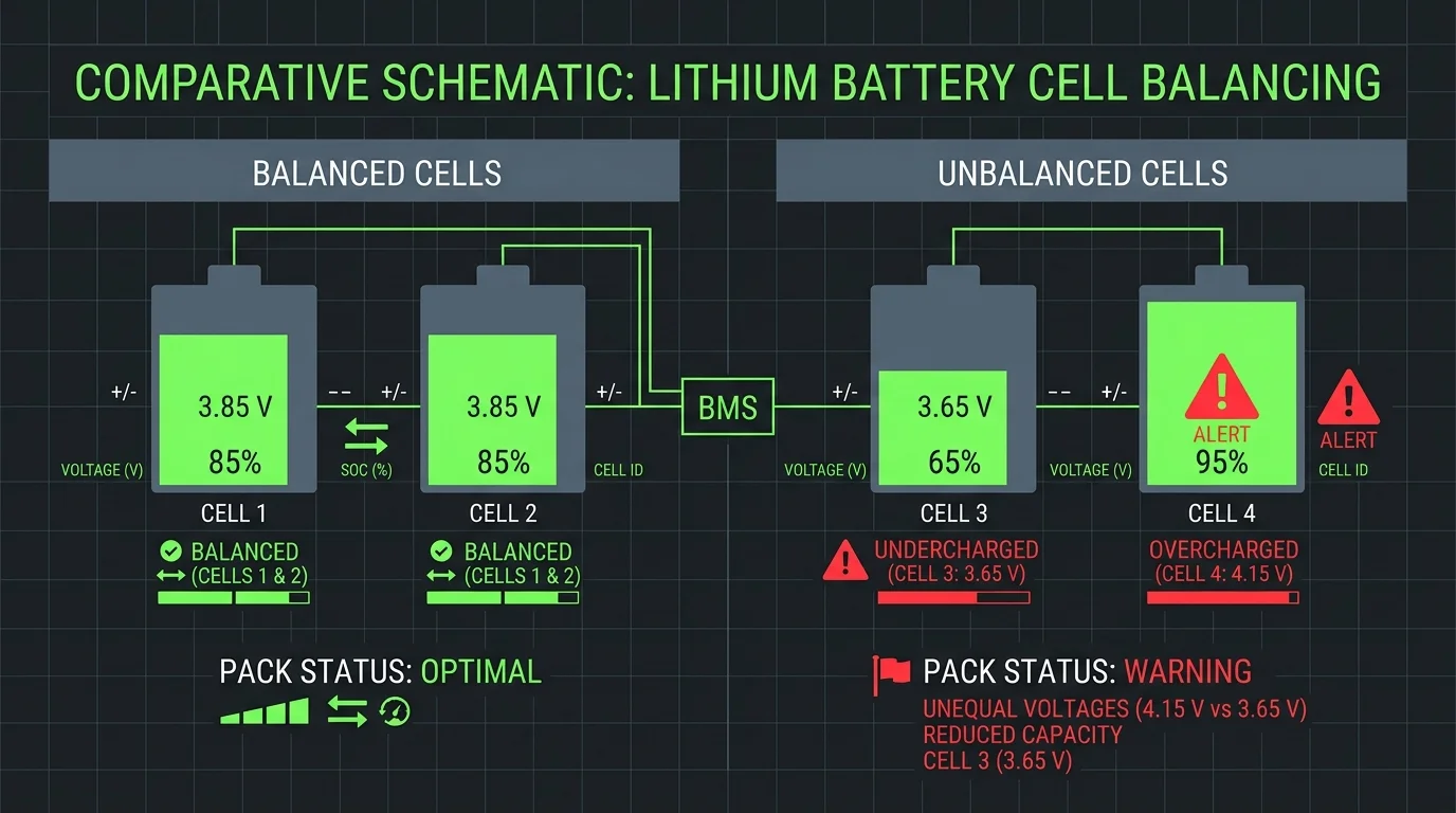 Visual comparison of balanced vs. unbalanced battery cells