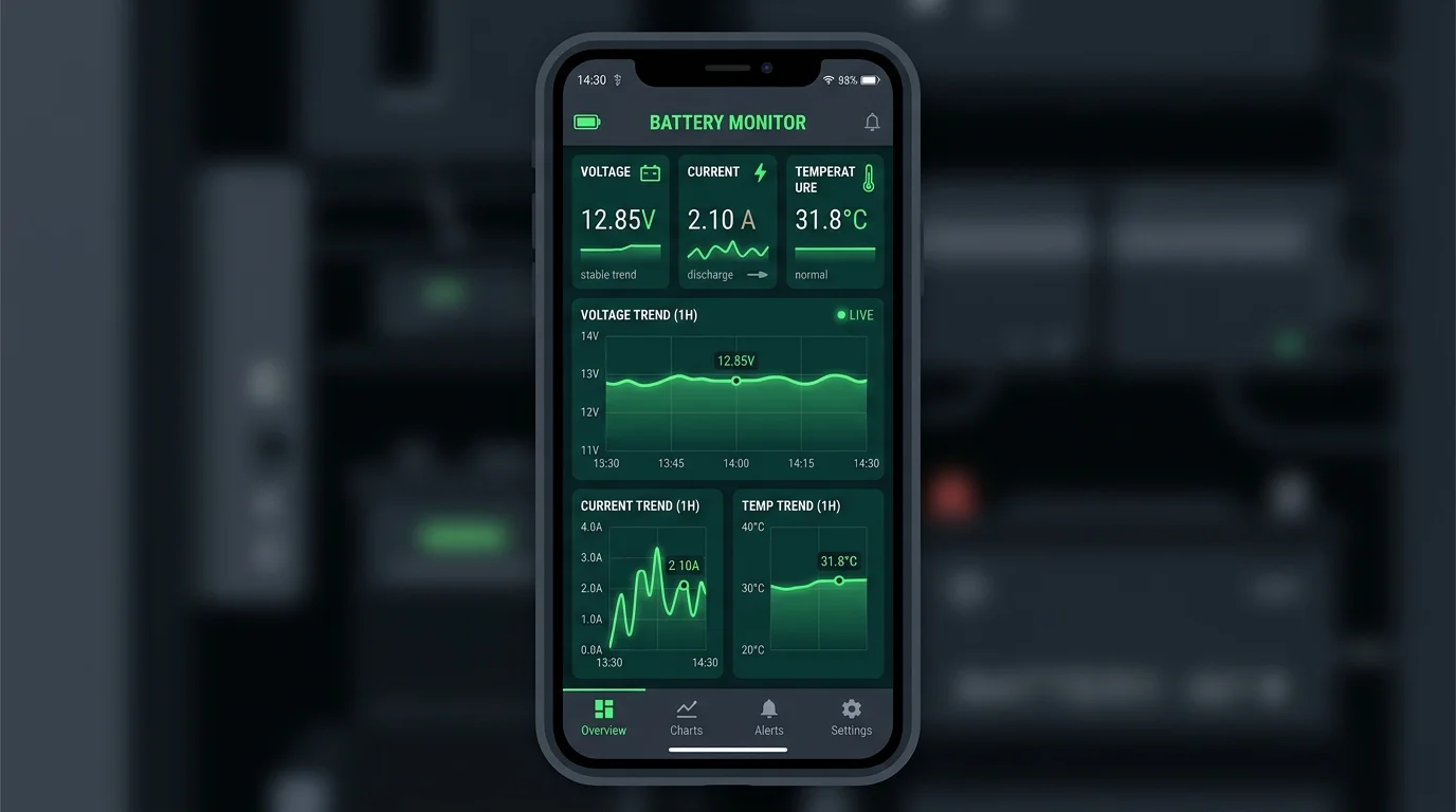 BatBMS App interface mockup dashboard showing system telemetry