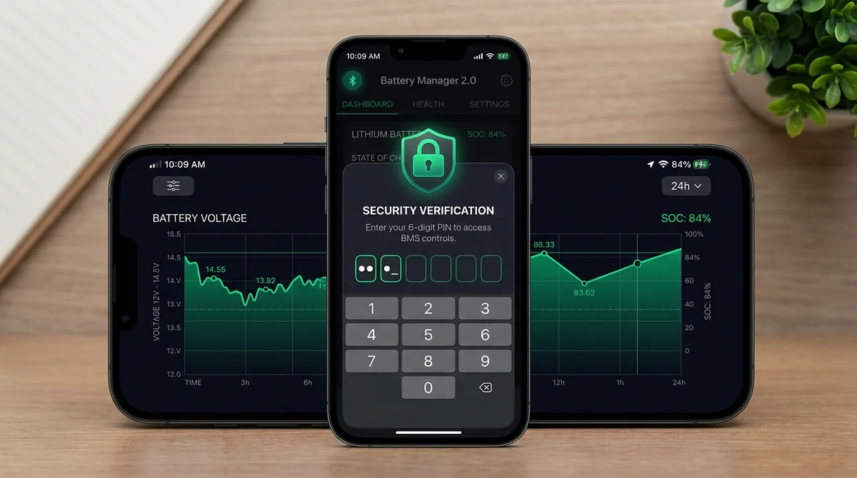 BAT-BMS v1.1.1 security update interface showing password authentication prompt