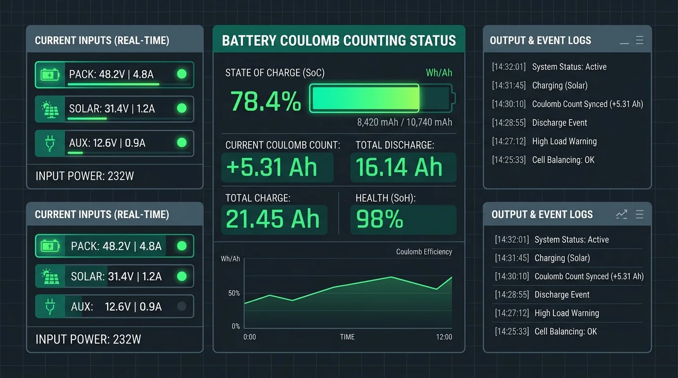 BMS charging monitor display demonstrating calibration telemetry parameters
