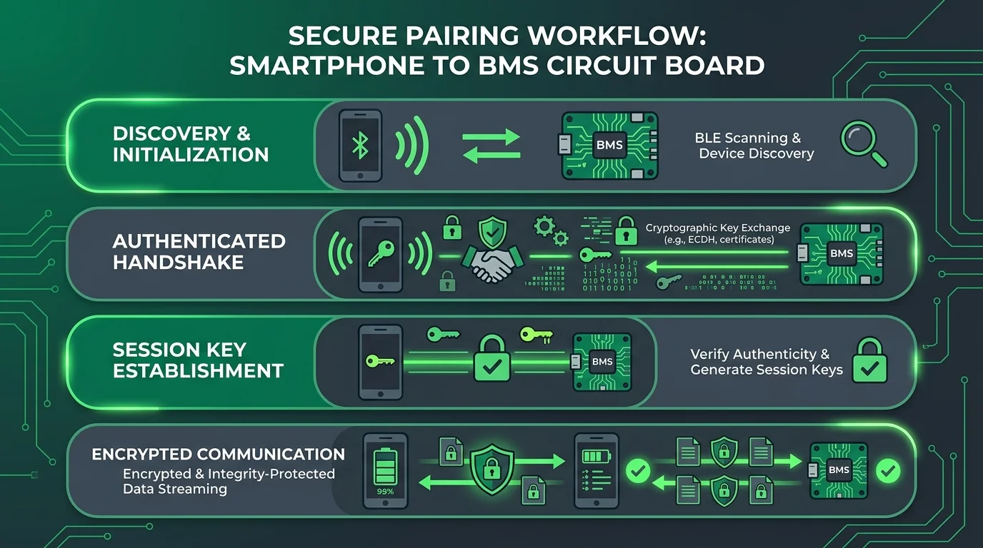Step-by-step BLE pairing workflow diagram between mobile and BMS hardware module