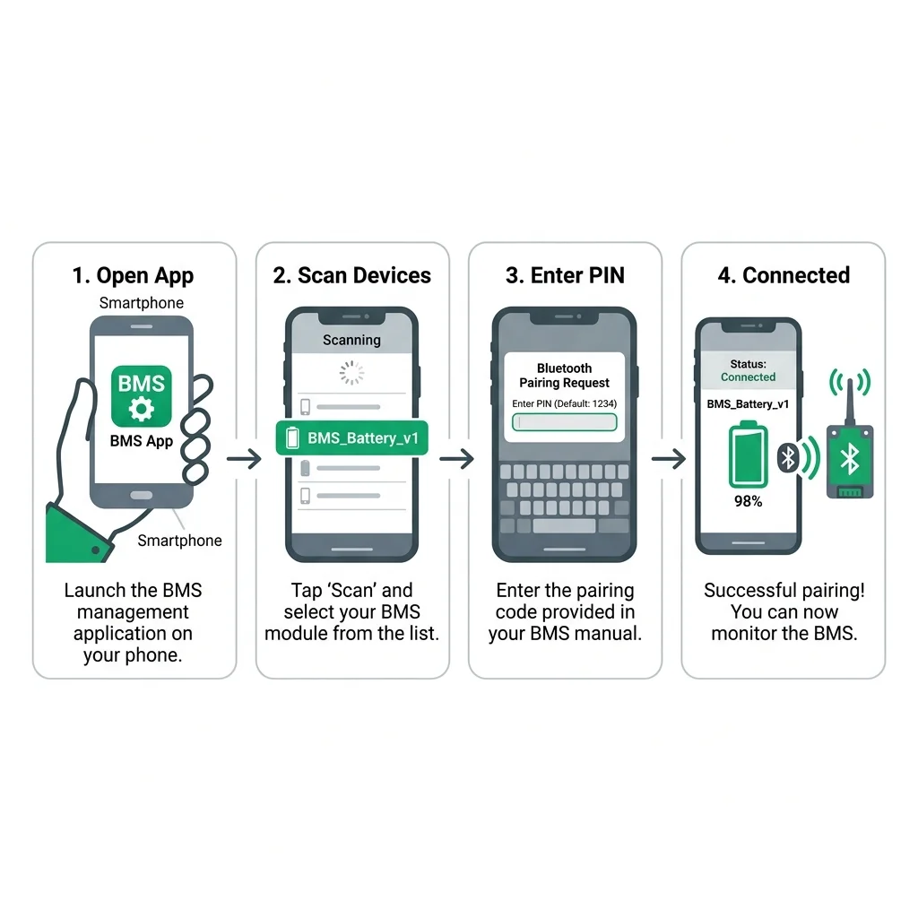 Step-by-step Bluetooth pairing process between smartphone and BMS hardware showing 4 steps