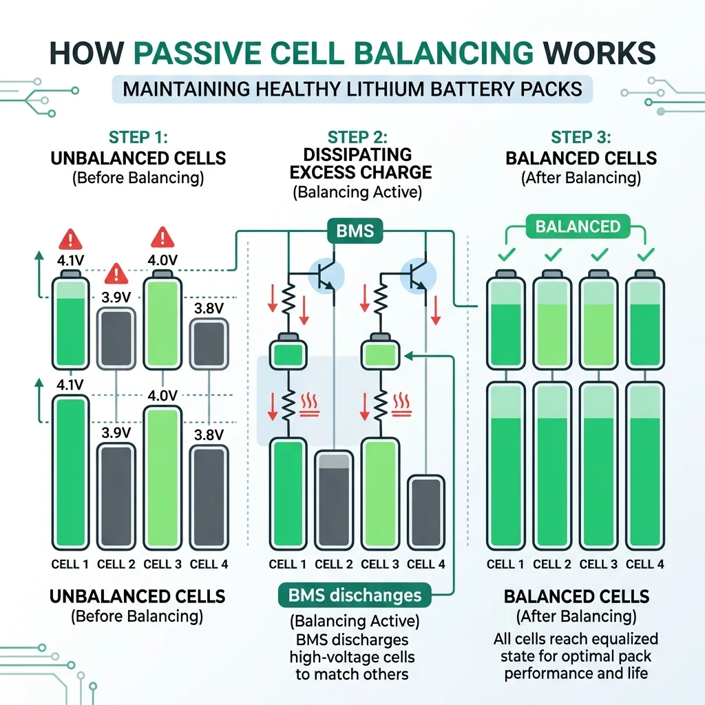 Cell balancing diagram showing unbalanced cells before balancing and equal cells after