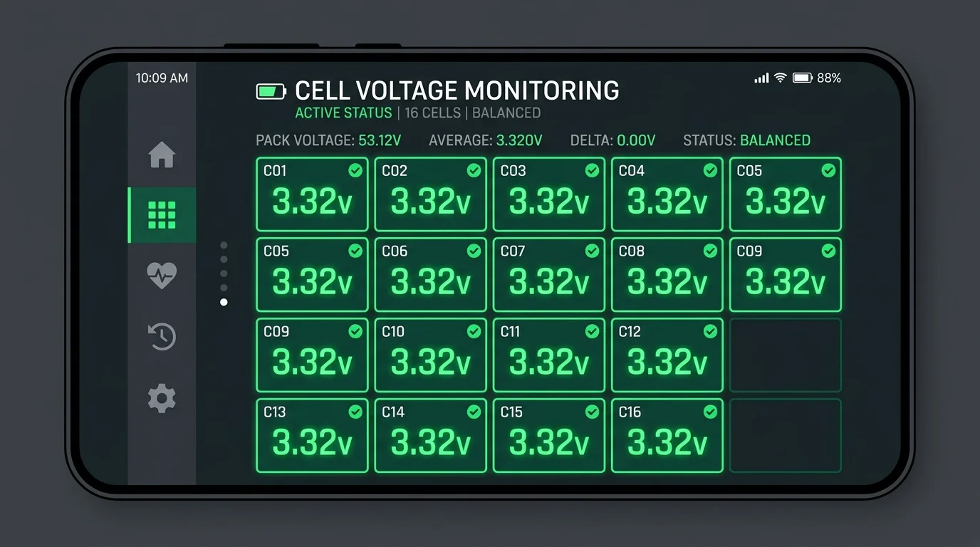 Individual cell voltage monitor display within the BatBMS application
