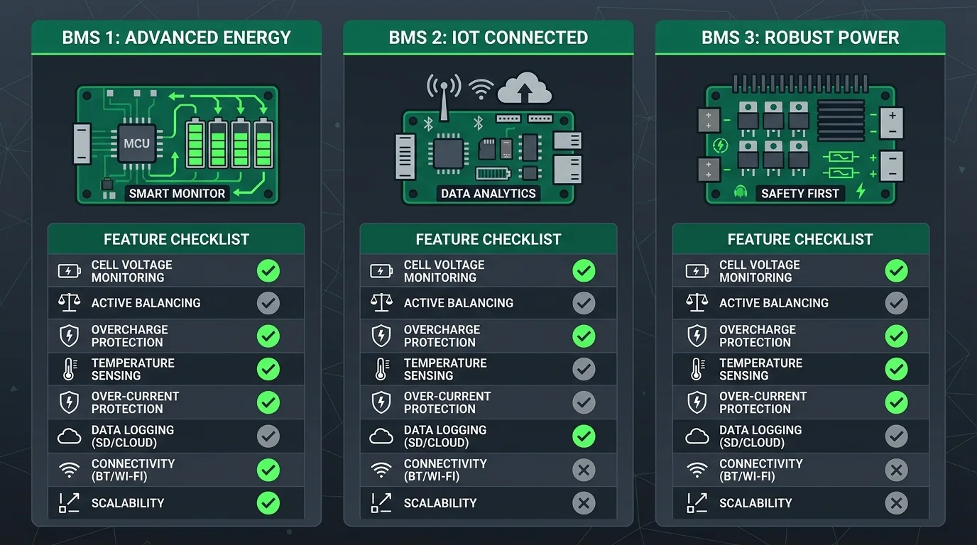 Various battery management system boards compared on test bench