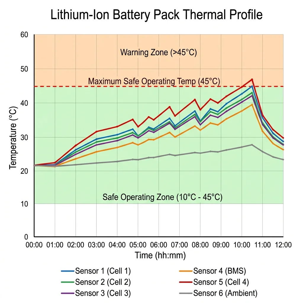 BAT-BMS temperature monitoring graph showing safe zone and warning zone above 45 degrees