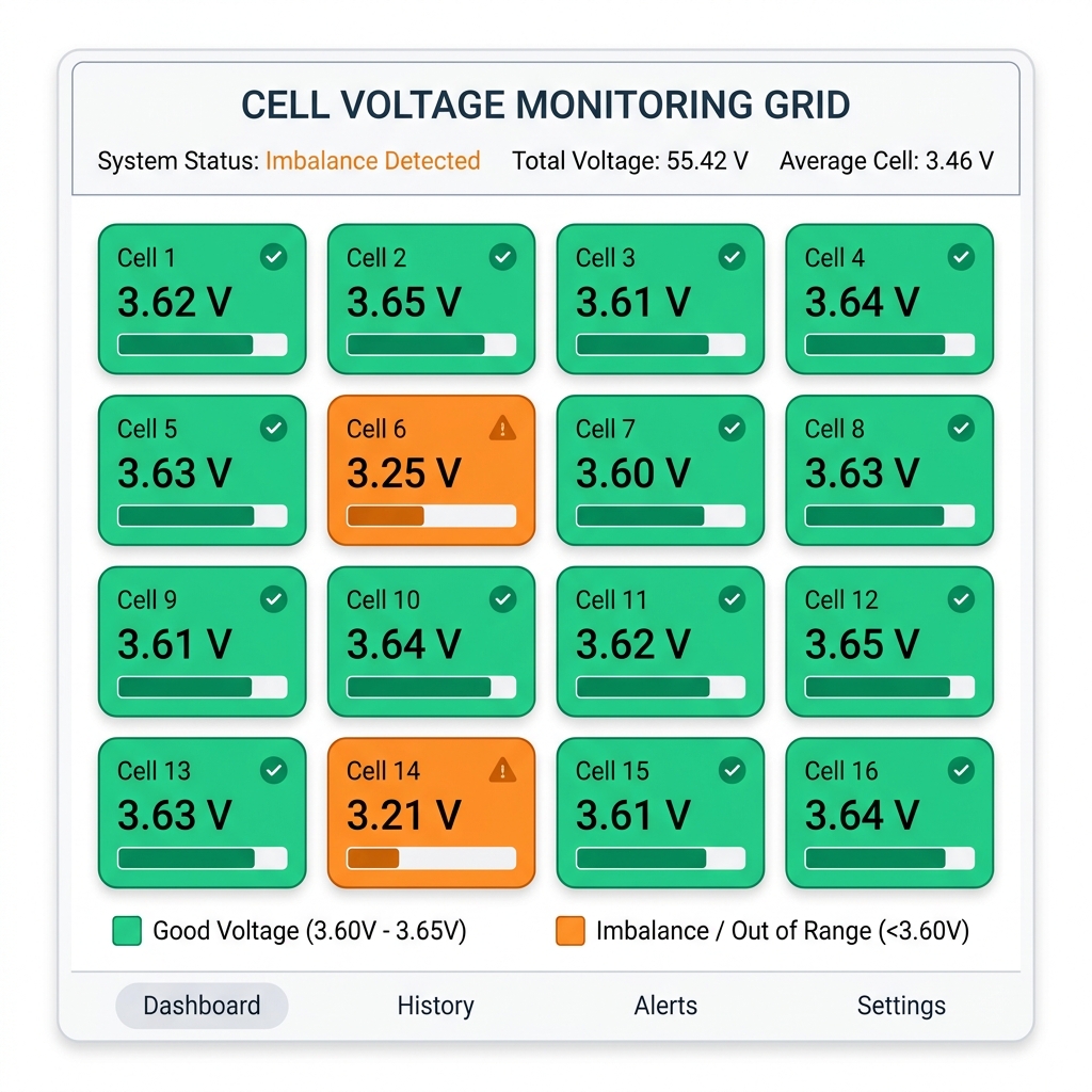 BatBMS individual cell voltage monitoring grid showing 16 cells with voltage values