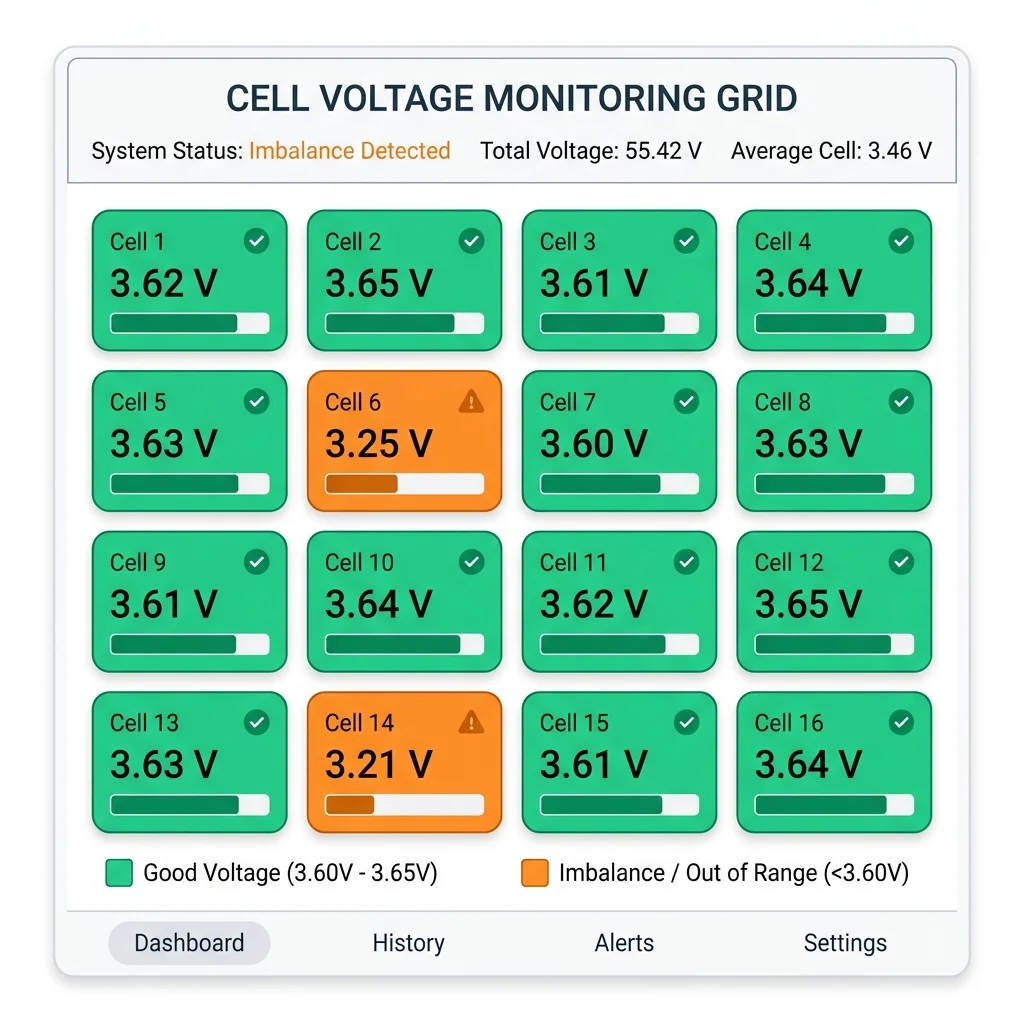 BAT-BMS individual cell voltage monitoring grid showing 16 cells with voltage values